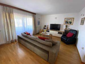 ein Wohnzimmer mit einem Sofa und einem TV in der Unterkunft Sea View Istrian Countryside Apartment - ROTA in Dragonja