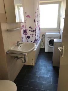 ein Badezimmer mit einem Waschbecken und einer Waschmaschine in der Unterkunft BS Business Travelling Hannover City in Hannover