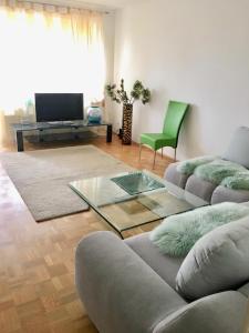 ein Wohnzimmer mit einem Sofa und einem Glastisch in der Unterkunft BS Business Travelling Hannover City in Hannover