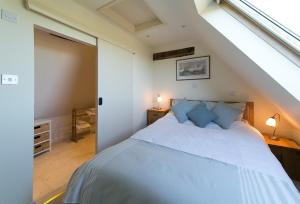 a bedroom with a white bed with blue pillows at Sheepscombe Byre in Snowshill