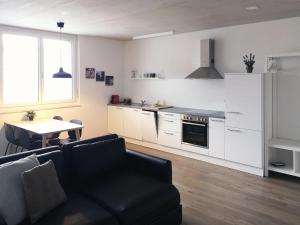 a living room with a black couch and a kitchen at Atrium Apartments in Schaffhausen