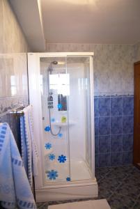 a shower in a bathroom with blue tiles at Agro-Gala in Rabka-Zdrój