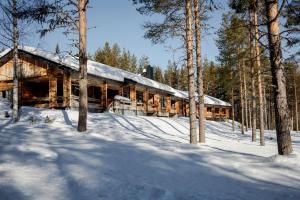 une cabane en rondins dans les bois dans la neige dans l'établissement Sunday Morning Resort, à Pyhätunturi