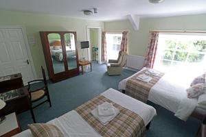 a hotel room with two beds and a mirror at Plas Dolau Country Estate in Aberystwyth