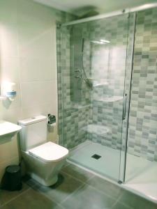 バイヨーナにあるHotel Anunciadaのバスルーム(トイレ、ガラス張りのシャワー付)