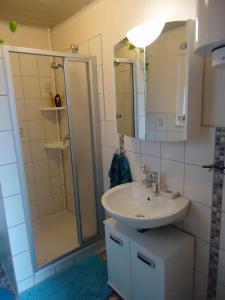 a bathroom with a sink and a shower at Ferienwohnung Helmis in Bad Frankenhausen +33 photos