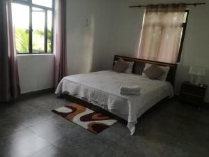a bedroom with a bed and a window and a rug at JKB Villa in Pamplemousses Village