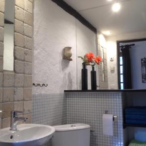 a bathroom with a sink and a toilet and flowers at L'abri la Vall in Sorède +55 photos
