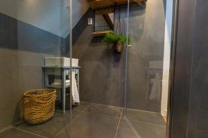 eine Dusche mit Glastür im Bad in der Unterkunft B & B 'Droom in de polder de Suite met prive sauna in Arnemuiden