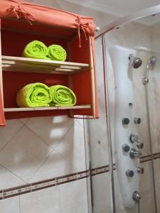 uma casa de banho com dois rolos de toalhas verdes numa prateleira em Casa Boneca - Aldeia das Açoteias em Albufeira