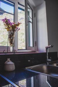 a kitchen counter with a sink and a vase with flowers at Casa do Tio in São Vicente