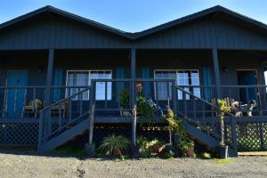 a blue house with two dogs on the porch at Bajo el Sol del Valle in Valle de Guadalupe