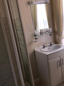 a bathroom with a sink and a shower with a mirror at The Bacchus Hotel in Sutton on Sea