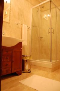 a bathroom with a sink and a shower at Pensiunea Antique in Târgu Jiu
