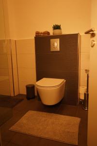 a bathroom with a toilet with a black wall at Vivo Apartments at Hospitals in Herne +8 photos
