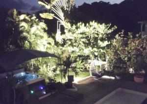 un patio trasero con piscina y árboles por la noche en Appartement les pieds dans l'eau, en Le Gosier