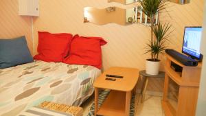 a bedroom with a bed with red pillows and a desk at Appartement Cosy sur Port de Plaisance in Capbreton