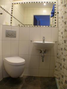 ein Badezimmer mit einem WC, einem Waschbecken und einem Spiegel in der Unterkunft Hotel Garni Pension Ruth in Mutterstadt