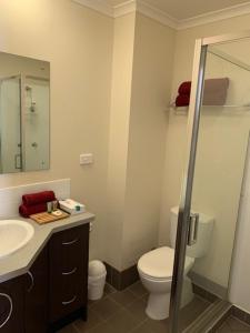 ein Bad mit einem WC, einem Waschbecken und einer Dusche in der Unterkunft Weipa Motel Resort in Weipa