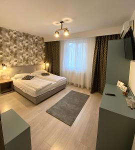 een hotelkamer met een bed en een bureau bij Adi&Nicol in Sibiu