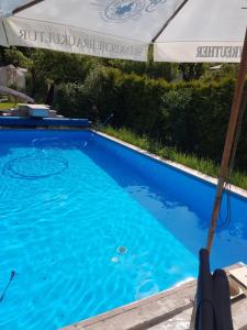 a pool with an umbrella and a swimming pool at Ferienwohnung Schortestraße in Ilmenau