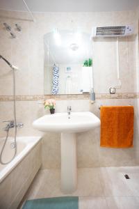 uma casa de banho com um lavatório, uma banheira e um espelho. em Mesones parking gratis climatizado em Jaén