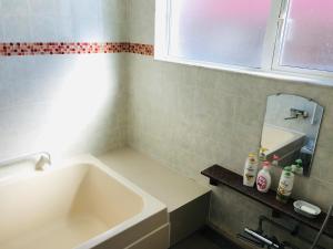 uma casa de banho com uma banheira, um lavatório e um espelho. em Natsumi no Sato em Biei