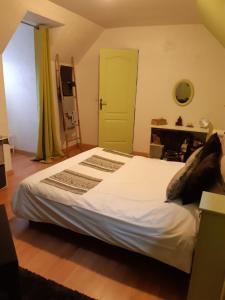 a bedroom with a large bed with a green door at chambre disney in Serris