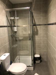 a bathroom with a toilet and a glass shower at Hôtel de Ménilmontant in Paris