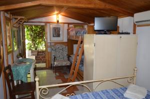 um quarto com uma cama, um frigorífico e uma televisão em B&B Il Giardino Segreto em Stromboli