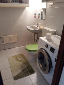 ein Badezimmer mit einer Waschmaschine und einem Waschbecken in der Unterkunft BS Business Travelling Hannover Messe in Hannover