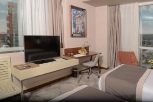 una camera d'albergo con scrivania, TV e letto di Ankara Alegria Business Hotel a Ankara