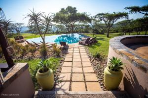 a garden with a swimming pool and potted plants at Muluwa Lodge in White River