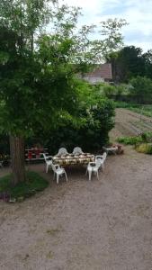 a picnic table and chairs under a tree at Maison Commandant Blaison in Lapalisse
