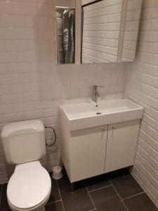 a bathroom with a white toilet and a sink at Central Yellow Apartment in Brussels