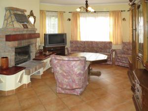 a living room with a couch and a fireplace at Tamás Ház in Balatonőszöd