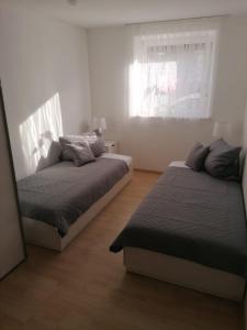 Un dormitorio con dos camas y una ventana en FW Knöppel Sonja und Stefan, en Zapfendorf