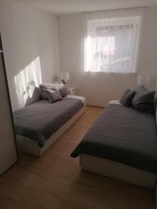 Un dormitorio con dos camas y una ventana en FW Knöppel Sonja und Stefan, en Zapfendorf