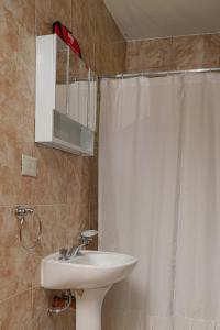 baño con cortina de ducha blanca y lavamanos en Cabañas del Arroyo Calafate (CRyPPSC) en El Calafate