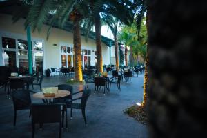 a patio with tables and chairs and palm trees at Balneario de Leana in Fortuna