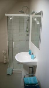 y baño blanco con lavabo y ducha. en Chambres d'hotes le Matou Roux, en Isle-et-Bardais