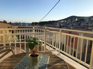 a potted plant sitting on a table on a balcony at Irini Apartments in Kavála
