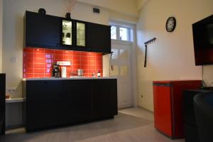 Főtér Apartmanház Szentendre في سانت إندرا: مطبخ بحائط بلاط برتقالي ومغسلة
