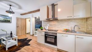 kuchnia z białymi szafkami i zlewem w obiekcie Apartment Krajinovic w Zagrzebiu +17 zdjęć