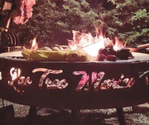 a fire pit with meat and vegetables in front of it at Descanso las Tres Marias Apart Hotel in Villa Carlos Paz