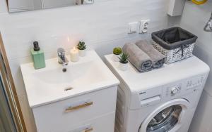 a laundry room with a washing machine and a sink at Sunshine Parkside Hideaway - 3 Bedroom in Kraków