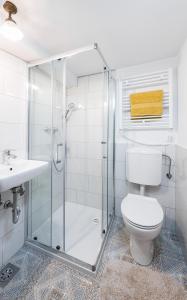 une salle de bains avec douche, toilettes et lavabo dans l'établissement Codelli Deluxe Fresco City Centre APP With Balcony, à Ljubljana 19 autres photos