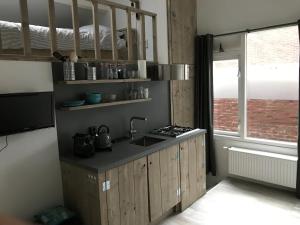 een keuken met houten kasten, een wastafel en een raam bij Lodge in Noordwijk