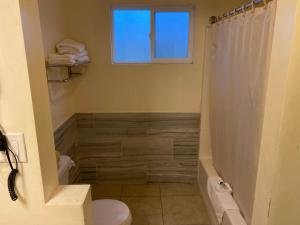 a bathroom with a shower and a toilet and a window at 777 Motor Inn in Sherman Oaks