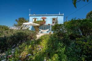 een blauw huis met een paraplu op een heuvel bij Ceu Azul - Elevated villa with stunning views and big garden in Tavira